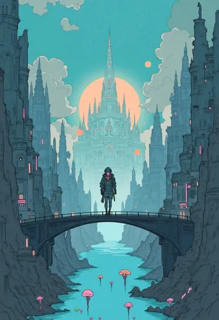 Digital illustration showing a futuristic ancient city with tall spires and a solitary figure crossing a bridge over a river with glowing jellyfish-like creatures, under a large orange sun and cloudy sky.