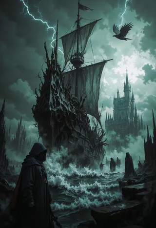 A massive dark ship with torn sails sails through stormy seas under flashing lightning, with hooded and shadowy figures nearby and an ominous castle in the mist.