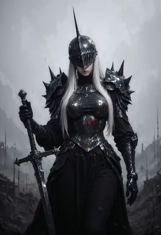 A stern female warrior wearing black spiked Gothic armor and a dark helmet, holding a large double-edged sword with long flowing white hair and a misty gray background.