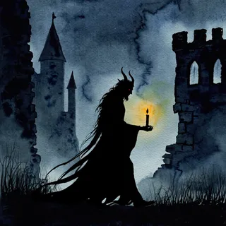 Watercolor silhouette of a tall demon with horns holding a candle, walking among shadowed ruins of an old castle at night.