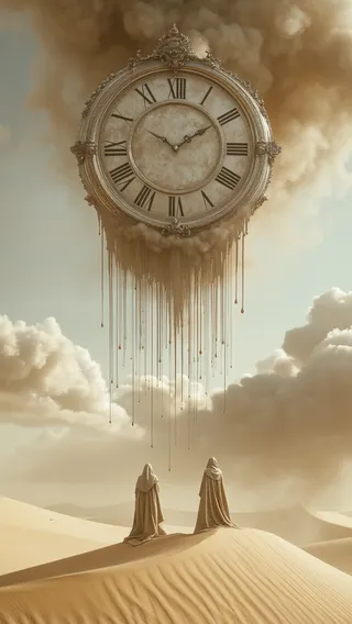 A surreal scene of a massive melting clock floating above a desert landscape with two robed figures standing on sand dunes under a hazy sky.