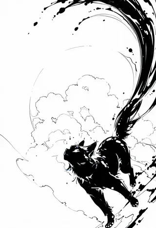 Monochrome illustration of a black cat with a dynamically flowing ink splash tail, detailed clouds in the background, in a high detail and panoramic view style.