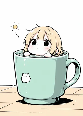 Chibi blonde girl relaxing inside a large light green cup, cute illustration with simple background and a small sun drawing