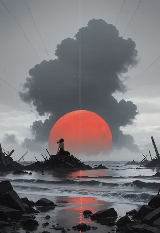 A cinematic scene of a ruined coast with black rocks and a person sitting on a pile of debris, facing a large red sun rising or setting against a grey sky with fog and clouds.