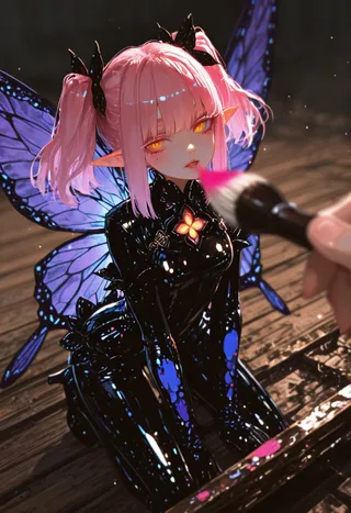 A detailed CG illustration of a fairy with pink twin-tail hair, glowing amber eyes, butterfly wings, dressed in a shiny black outfit, posed kneeling with a hand applying paint nearby.