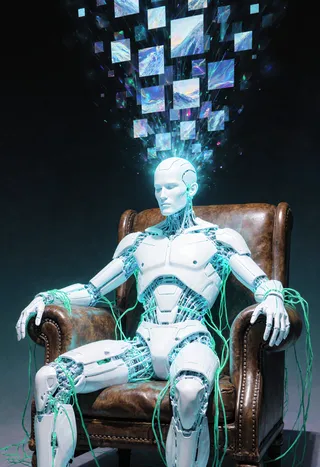 A hyperrealistic human cyborg seated in a worn leather chair, limbs bound by glowing electrical cables connected to supercomputers, with fragmented digital images erupting from its head.