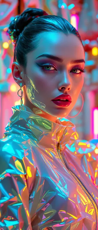 Hyper-detailed portrait of a woman wearing avant-garde, glossy PVC clothing that reflects vivid, colorful lights with cinematic volumetric lighting effects.
