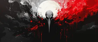 Abstract dark artwork featuring a crow skull silhouette with elongated beak, surrounded by swirling red and black paint splashes and drips, set against a moody gray background.