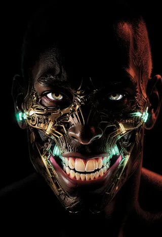 Hyperdetailed photorealistic portrait featuring a dark-skinned figure with biomechanical facial structures and glowing neon circuitry, highlighted by dramatic rim lighting.