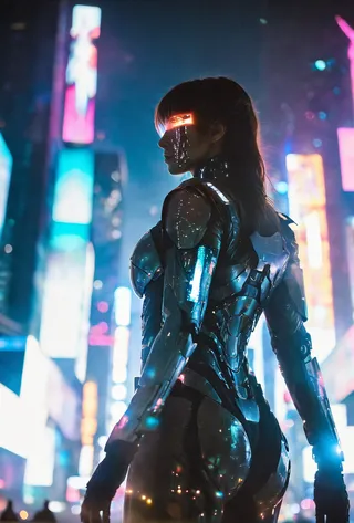 A futuristic cyborg woman with illuminated facial features stands looking over a vibrant neon-lit cybercity with blurred colorful billboards and bokeh city lights.