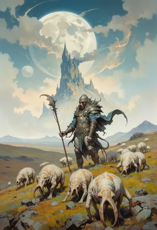 A fantasy warrior in detailed armor stands on an alien meadow, tending to a flock of strange elephant-like alien creatures, with a towering castle and large moon in the cloudy sky.