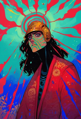 A stylized ancient warrior woman wearing a golden hoplite helmet, with a sad facial expression, standing in front of a swirling psychedelic cosmos filled with occult signs and runes, depicted in an exaggerated art style with rain streaming down her face.