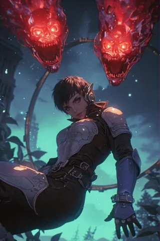 A futuristic warrior in dark armor with glowing mechanical ear piece, surrounded by two red fiery flaming skulls, under a circular metallic arch with a moody night sky background.