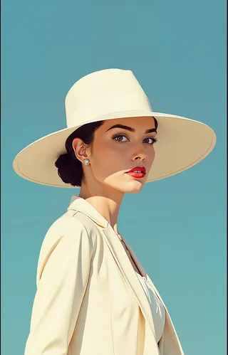 Flat illustration of an elegant woman wearing a large white hat and light-colored clothing against a blue background, featuring clean lines and minimalistic retrofuturism style.