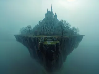A large gothic castle perched on a floating triangular island surrounded by fog, with barren trees and steep cliffs.