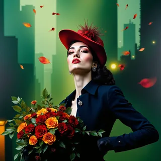 Portrait of a Malaysian aristocrat woman in post-war British era costume, wearing a red wide-brim hat, holding a vibrant bouquet of red and yellow roses, against a green abstract cityscape with falling autumn leaves.
