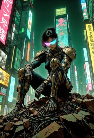 A cyberpunk woman in a sleek armored bodysuit crouching on broken bricks and electronic debris, surrounded by neon-lit skyscrapers and holographic billboards in a dystopian cityscape.
