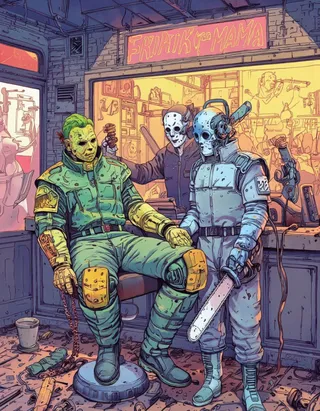 Colorful psychedelic digital illustration featuring Jason Voorhees wearing green armor seated on a bar stool, flanked by two humanoid robots in masks, one holding a chainsaw, inside a chaotic, neon-lit barbershop filled with debris and neon signs.