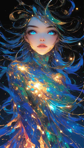 A photorealistic girl composed of dazzling light highlights with glowing blue eyes and flowing hair, set against a cosmic backdrop with a digital glitch effect on her head.