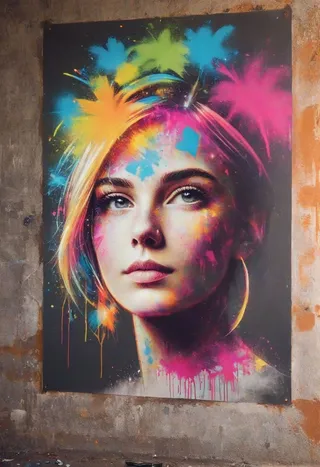 A vibrant graffiti portrait of a woman painted on an urban wall, featuring splash of spray paint in bold colors like blue, yellow, pink, and green.