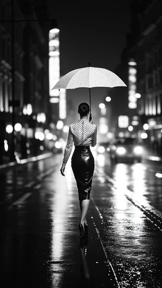 Black and white noir photo of an elegant woman walking down a wet urban street at night, holding a white polka-dotted umbrella, with city lights reflected on rain-slicked asphalt.