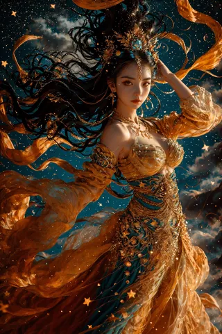 A woman in a golden, intricately decorated dress with long flowing black hair stands under a gigantic full moon against a starry, cloudy night sky, wearing elaborate jewelry and hair ornaments.