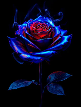 A metallic blue rose with fiery red highlights and ethereal smoke curling around its petals against a dark backdrop.