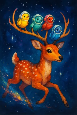 A vibrant orange deer with white spots runs through a deep blue starry cosmic background, with four colorful astronaut birds perched on its antlers.