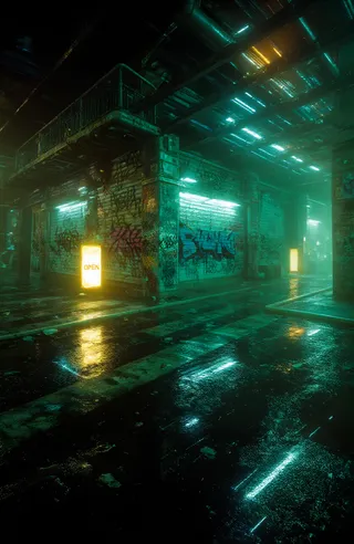 Cyberpunk urban alleyway at night illuminated by neon green and yellow lights, featuring graffiti-covered walls, wet reflective ground, and industrial metal infrastructure.