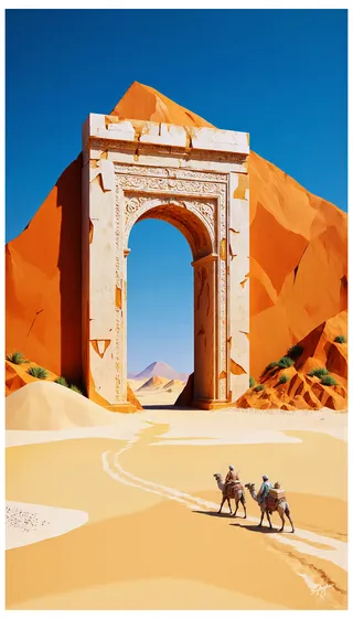 Low poly art depicting an ancient ivory-white stone gate leaning against an orange mountain in the Middle Eastern desert, with two travelers leading camels across the sandy landscape beneath a clear blue sky.