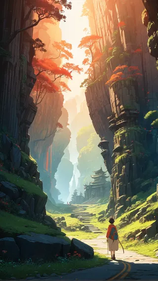A lone wanderer hiking through a sunlit mountain canyon lined with autumn trees and ancient temples in a Studio Ghibli inspired style.