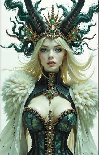 Portrait of a beautiful albino woman demon-monster wearing an elaborate steampunk crown studded with green diamond stones, a dark corset with gold and green accents, and a white fur-lined cloak, with flowing blonde hair and green ornamental horns on a white background.