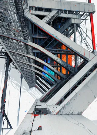 Modern scifi architecture featuring brutalist concrete and steel structures with glass elements, displaying an abstract design with vibrant blue and orange accents.