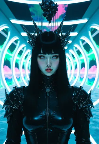 Portrait of a Korean woman with sleek black hair wearing a black leather armor jacket and an obsidian crown suspended by metallic filaments, standing in a futuristic corridor illuminated by blue and neon lights with circular arches in the background.