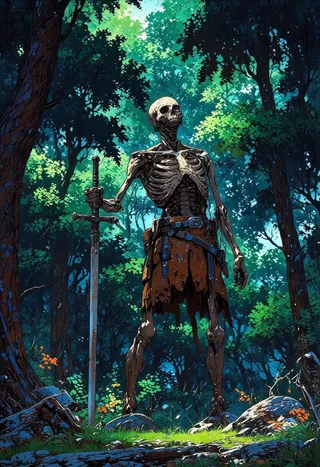A skeletal swordsman stands tall in a vibrant fantasy forest, holding a corroded longsword with moss and copper wiring woven into his ribcage, surrounded by lush trees and illuminated with retro 80s neon glows and chromatic aberration effects.
