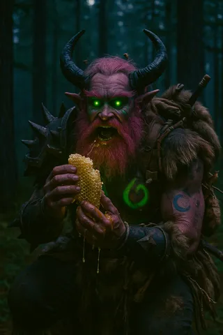 A wild-eyed night elf demon hunter with glowing green eyes and pink beard holding a dripping honeycomb in a dark forest, with horns and tattoos.