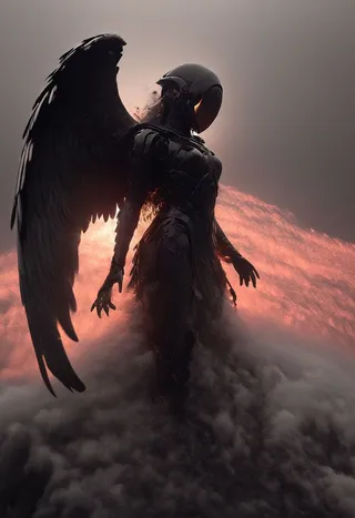 A female figure with dark luminous vanta black wings and a hooded cape rises above clouds with feathers shedding, illuminated by a blood moon's cinematic light.