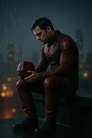 雨に濡れた屋上の縁に座り、クリムゾンの光沢のないタクティカルスーツを着た孤独な男性が、背景に街の明かりがある雨の夜空の下でクリムゾンの角のあるマスクを持っています。