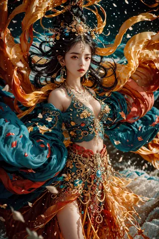 A woman in a teal and gold traditional costume with intricate embroidery and jewelry, posed dynamically with flowing long sleeves and golden fabric ribbons against a starry sky with a gigantic full moon.