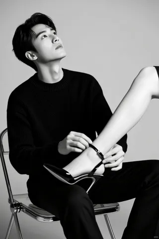 Black and white portrait of a handsome dark-haired man sitting on a chair, wearing a black sweater and pants, looking upward while adjusting the black strap of a high-heeled shoe on a woman's leg, against a soft grey background.