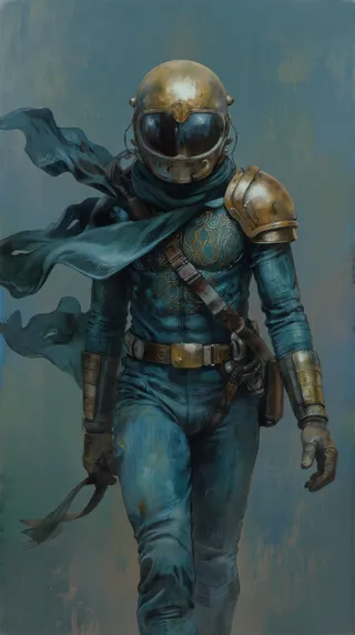 Mysterious astronaut in a teal suit with gold helmet and flowing scarf walking towards the viewer captured in a photo-realistic style from a low-angle perspective.