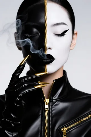 A high-contrast portrait of a woman with her face split into black and white halves, separated by a golden zipper. She wears sharp golden nails and black leather gloves with thin wisps of smoke around her face.