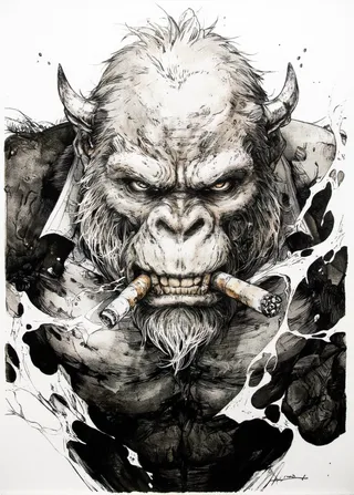 Detailed black and white ink sketch of a muscular gorilla with a beard, horns, and cigar, showing an angry expression and realistic facial features.