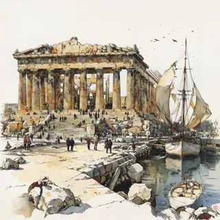 Detailed sketch of the Parthenon temple in Athens with people, a small sailboat in the harbor, and warm golden lighting