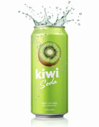 Light green soda can labeled Kiwi Soda Koda with a kiwi fruit image, splashing water and condensation droplets on a white background