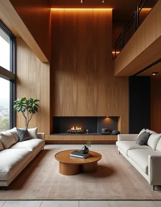 Modern high-end living room interior with tall wooden walls, minimalist white sofas, fireplace, and large windows providing natural light.
