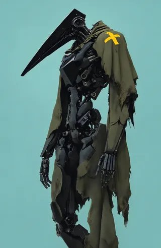 Futuristic humanoid robot with a large angular black helmet resembling a bird's beak, wearing a tattered olive-green cloak with a yellow cross symbol on the shoulder, set against a light teal background.