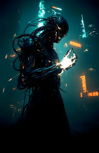 Dark cyberpunk scene featuring a humanoid robot with a glossy black exoskeleton and intricate wiring, standing in front of a futuristic cityscape with neon signs, glowing from its outstretched hand.