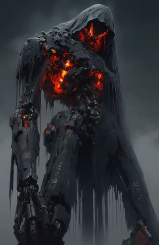 A dark menacing robot with a hooded tattered cloak, glowing orange internal lights visible through its damaged armor, set against a foggy gray background.