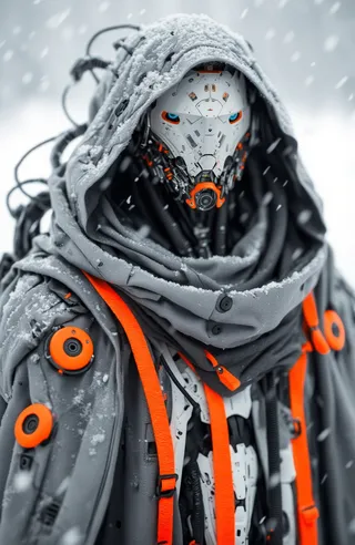 Close-up of a futuristic cybernetic humanoid wearing a worn gray hooded suit with bright orange accents and a detailed white mechanical mask with a blue eye, set in a snowy landscape with falling snowflakes.